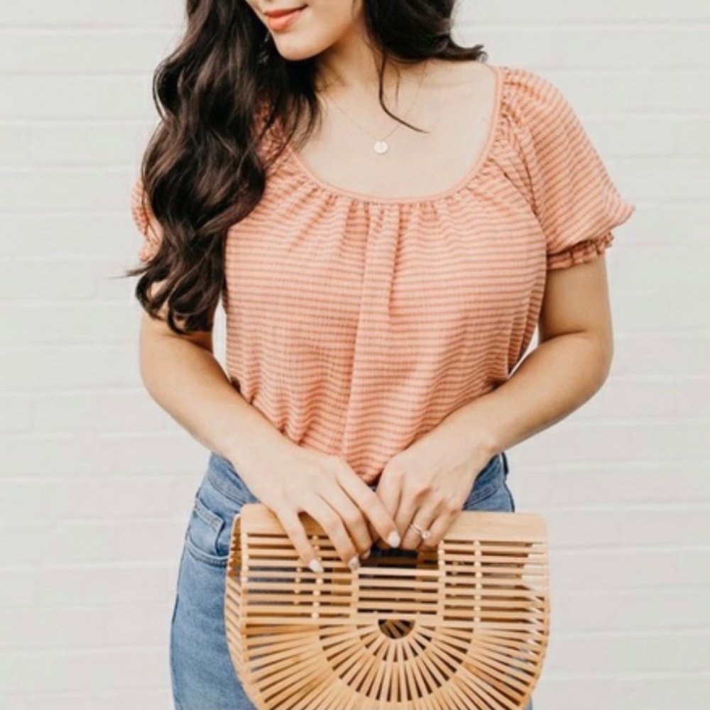 Madewell TeXture & Thread Ribbed Stripe Scoop Neck Ruched Retro Top Shirt